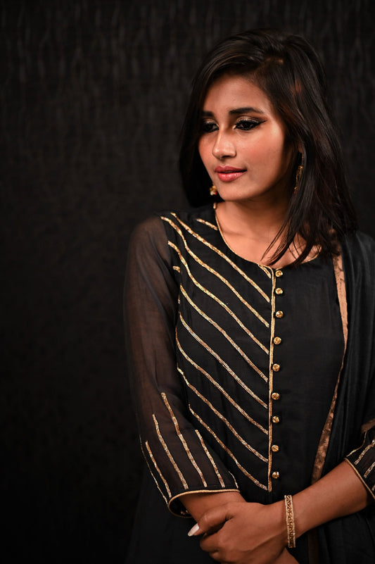 Black Color Pure Chanderi Silk Suit Set Embroidery - Sand Castle - Naksheband