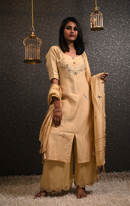 Pure Moonga Silk Suit Set Gotta Patti Embroidery - Sand Dollar - Naksheband