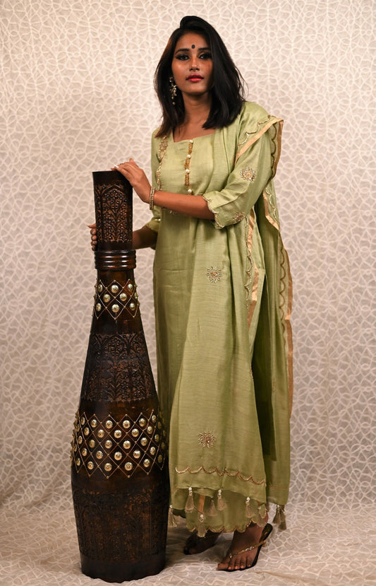 Lucketts Green Color Pure Muga Silk Suit Set  Gotta Patti Embroidery - Cucumber Crush - Naksheband