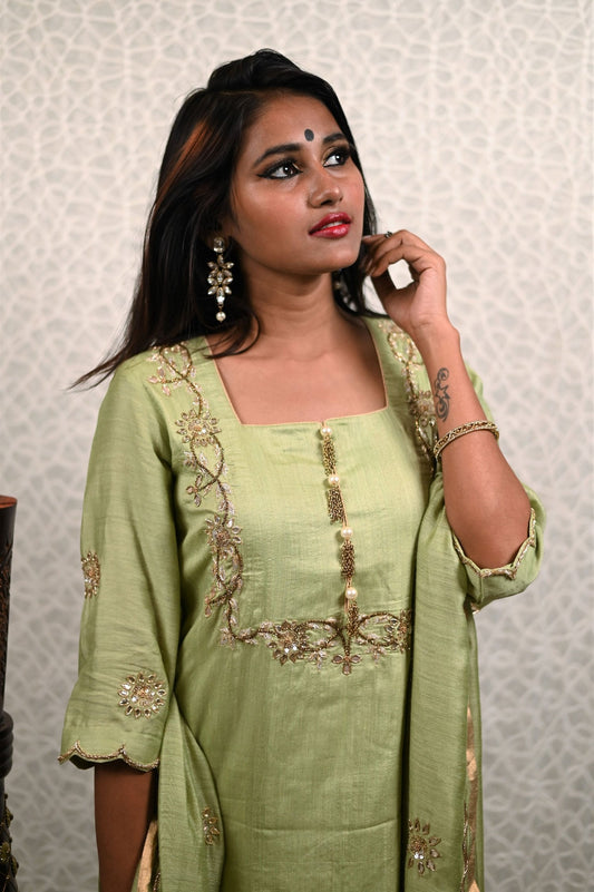 Lucketts Green Color Pure Muga Silk Suit Set  Gotta Patti Embroidery - Cucumber Crush - Naksheband