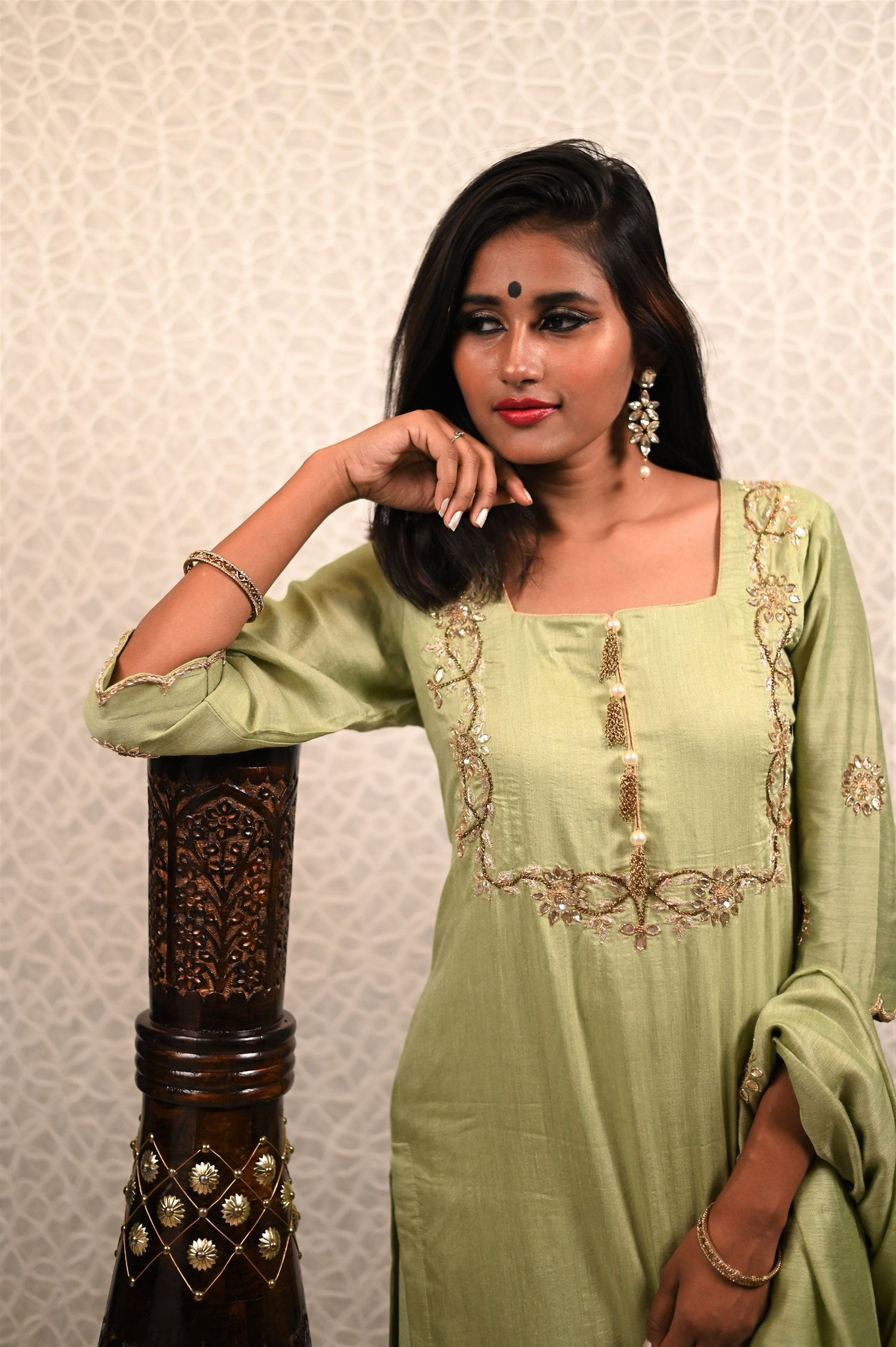Lucketts Green Color Pure Muga Silk Suit Set  Gotta Patti Embroidery - Cucumber Crush - Naksheband
