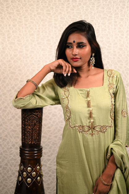 Lucketts Green Color Pure Muga Silk Suit Set  Gotta Patti Embroidery - Cucumber Crush - Naksheband