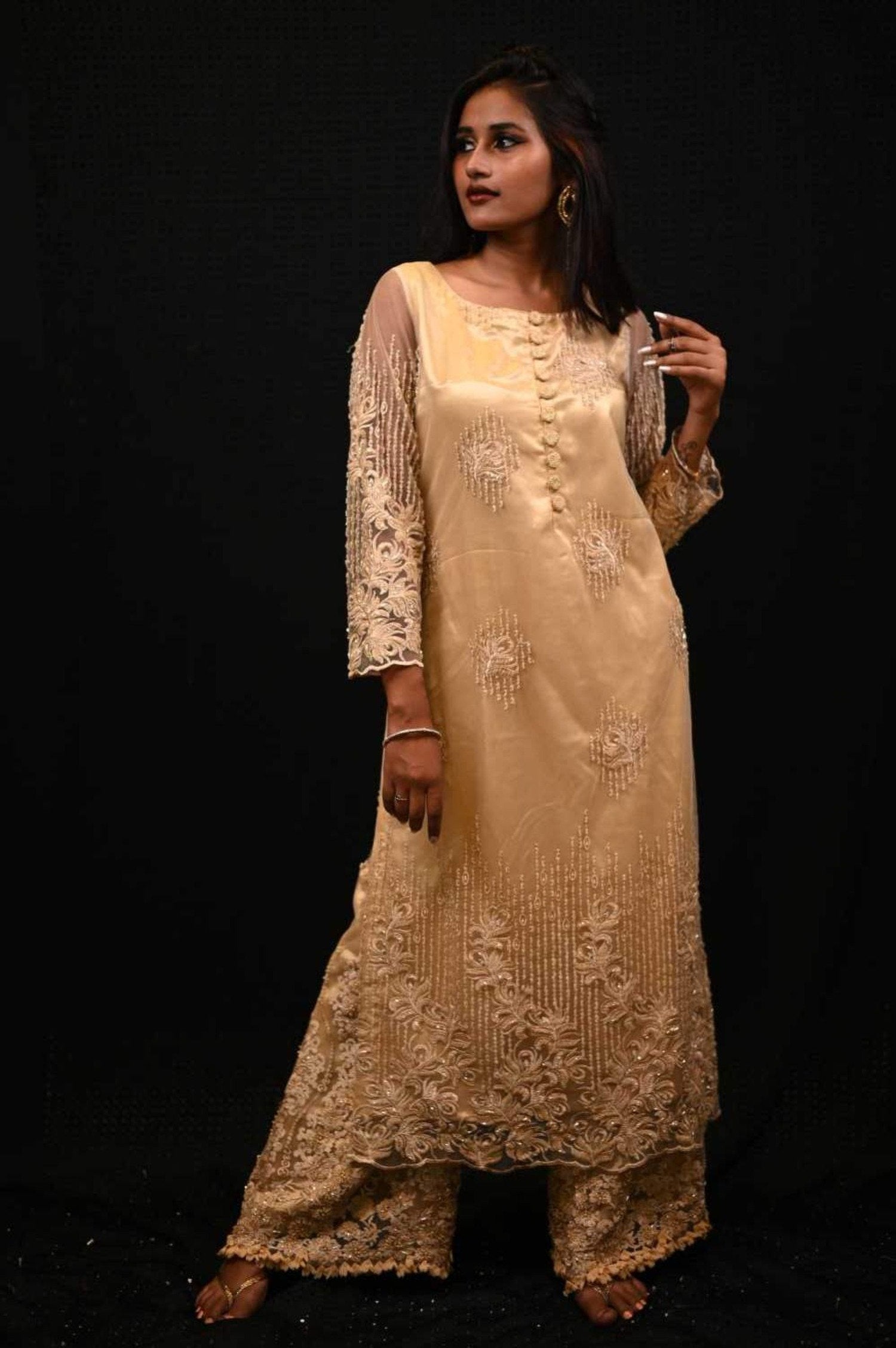 Beige Color Designer Embroidered Satan Suit Set - Abalone - Naksheband
