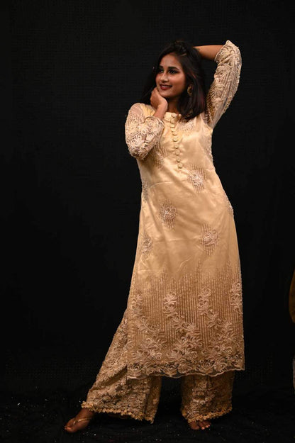 Beige Color Designer Embroidered Satan Suit Set - Abalone - Naksheband