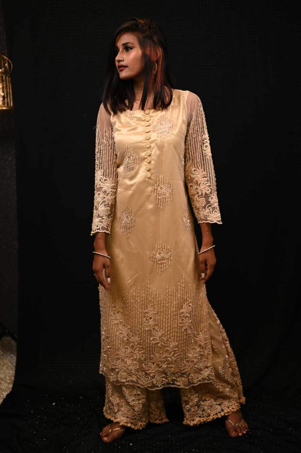 Beige Color Designer Embroidered Satan Suit Set - Abalone - Naksheband
