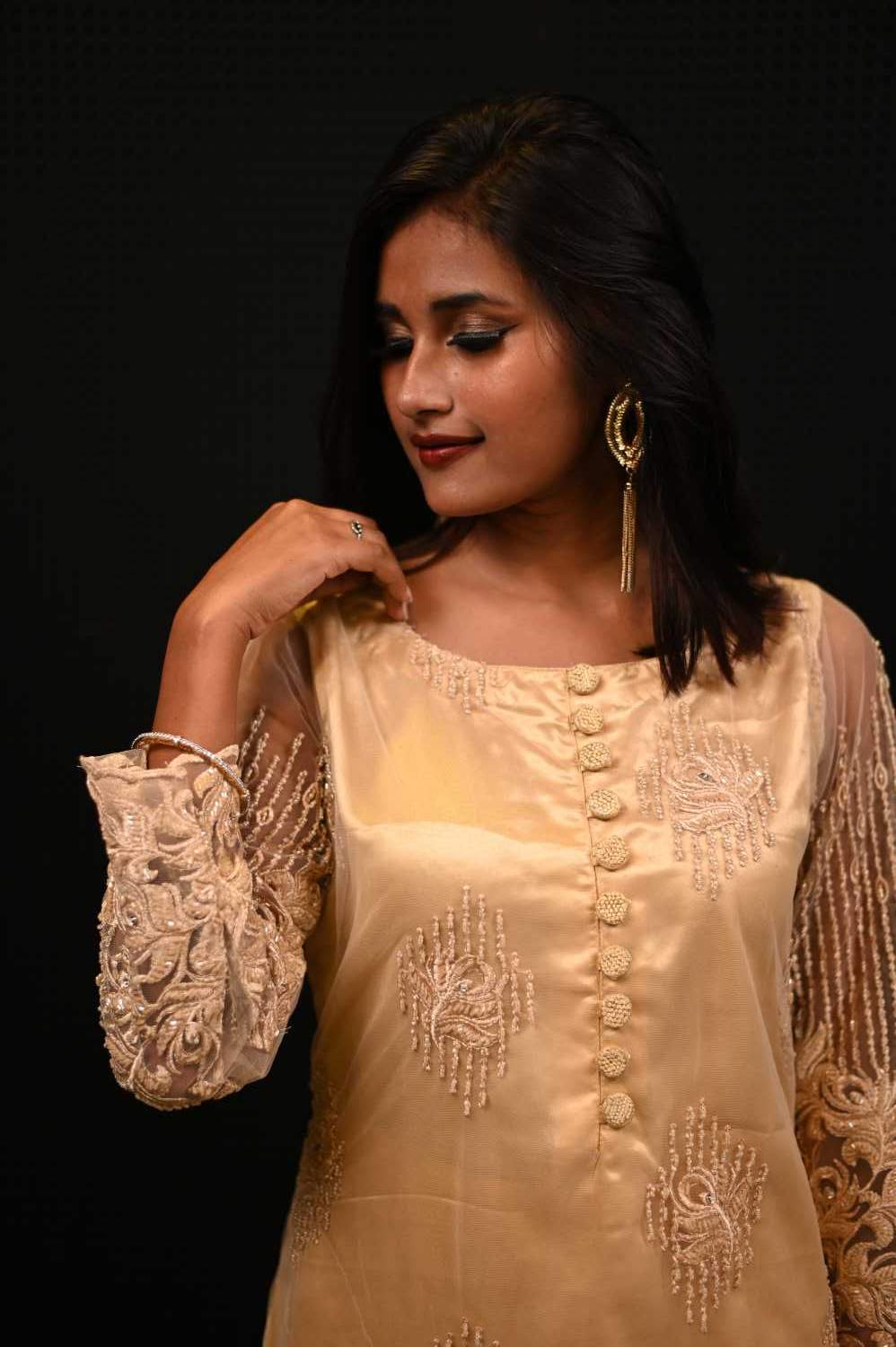 Beige Color Designer Embroidered Satan Suit Set - Abalone - Naksheband