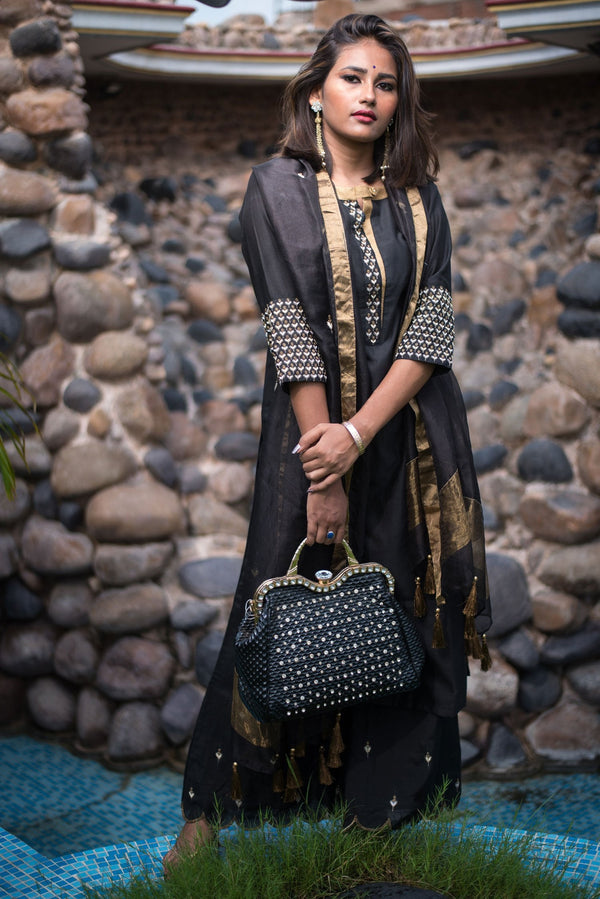 Black Color Pure Chanderi Silk Suit Set Designer - Raven - Naksheband