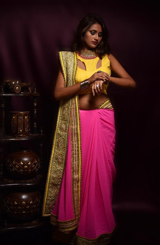 Neon Pink Color Designer Embroidery Pure Georgette Saree - Pink Lady - Naksheband