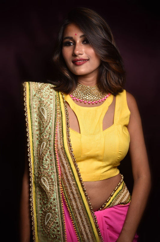 Neon Pink Color Designer Embroidery Pure Georgette Saree - Pink Lady - Naksheband
