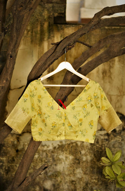 Light Yellow Pure Silk Chanderi Hand Embroidered Designer Blouse - Naksheband