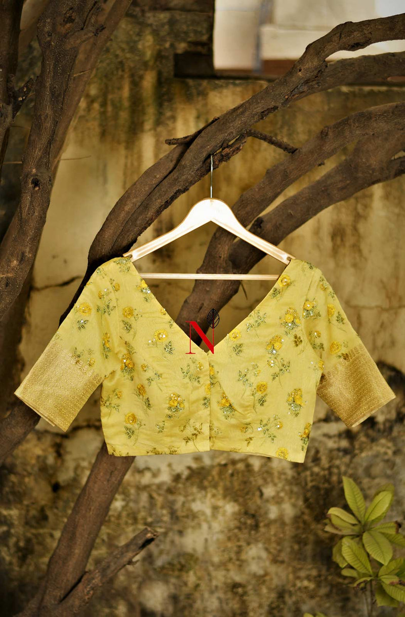 Light Yellow Pure Silk Chanderi Hand Embroidered Designer Blouse