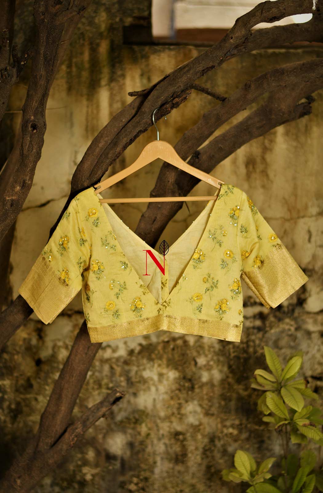 Light Yellow Pure Silk Chanderi Hand Embroidered Designer Blouse - Naksheband