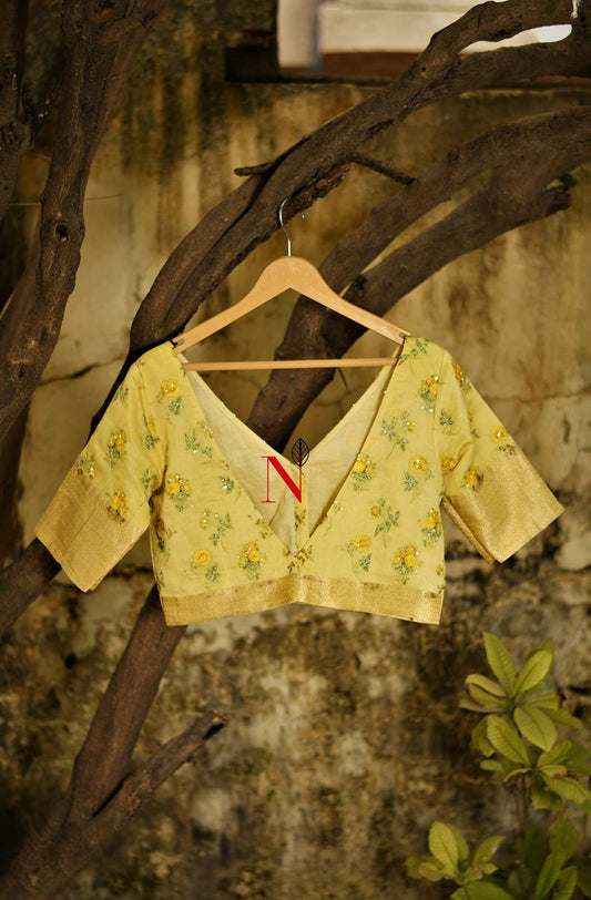 Light Yellow Pure Silk Chanderi Hand Embroidered Designer Blouse - Naksheband