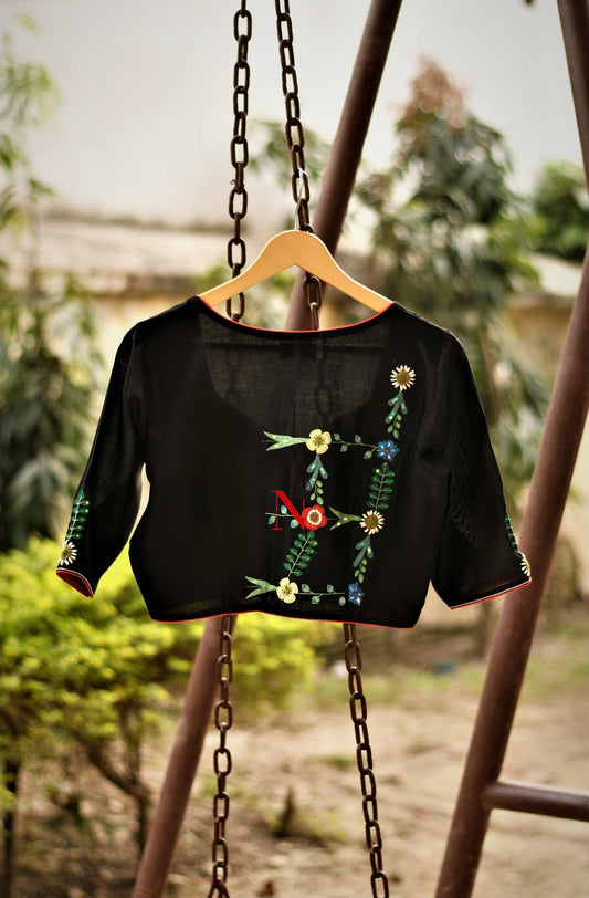 Black Crepe Hand Embroidered Designer Blouse - Naksheband