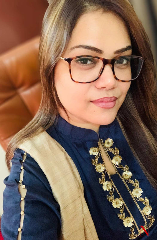 Navy Blue Pure Silk Chanderi Hand Embroidered Suit Set - Naksheband