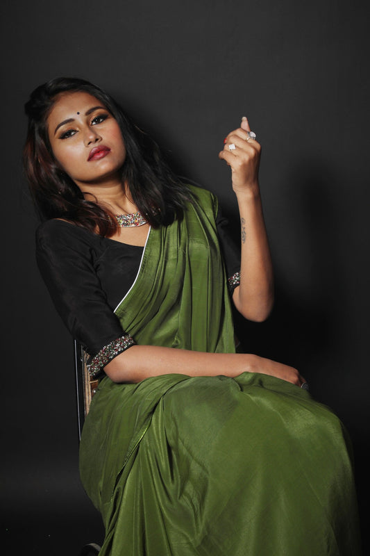 Olive Green Color Designer Saree - Burnt Olive - Naksheband