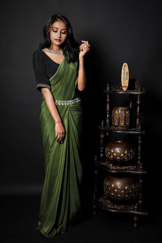 Olive Green Color Designer Saree - Burnt Olive - Naksheband