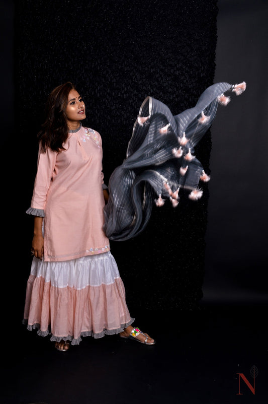 Peach And Grey Color Teared Garara Silk Chanderi Set -  Cantaloupe - Naksheband