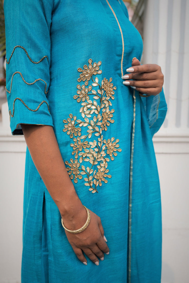 Pure Moonga Silk Suit Set Gotta Patti Embroidery - Russian - Naksheband