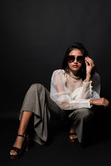 Greenish Grey And White Color Indowestern Designer Plazzo Top Set - Gravel - Naksheband