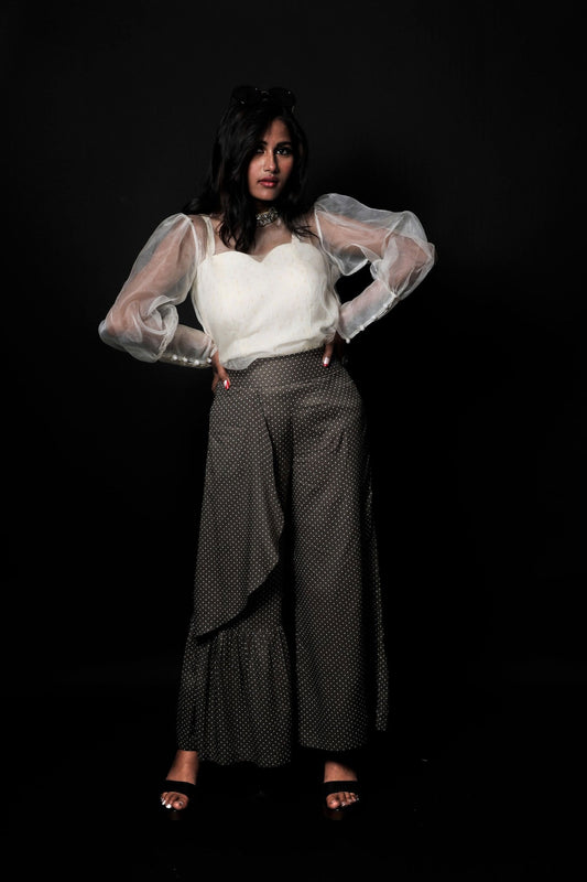 Greenish Grey And White Color Indowestern Designer Plazzo Top Set - Gravel - Naksheband