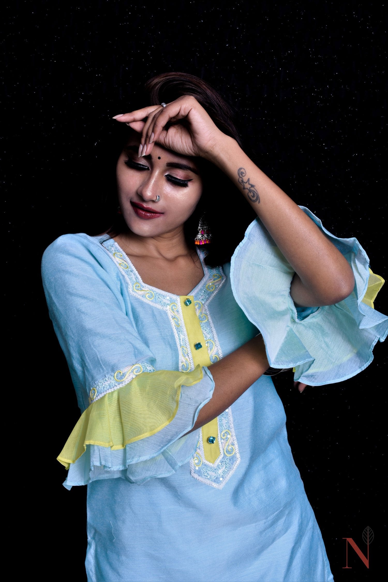 Blue And Yellow Color Teared Garara Chanderi Silk Set - Icey Summer - Naksheband