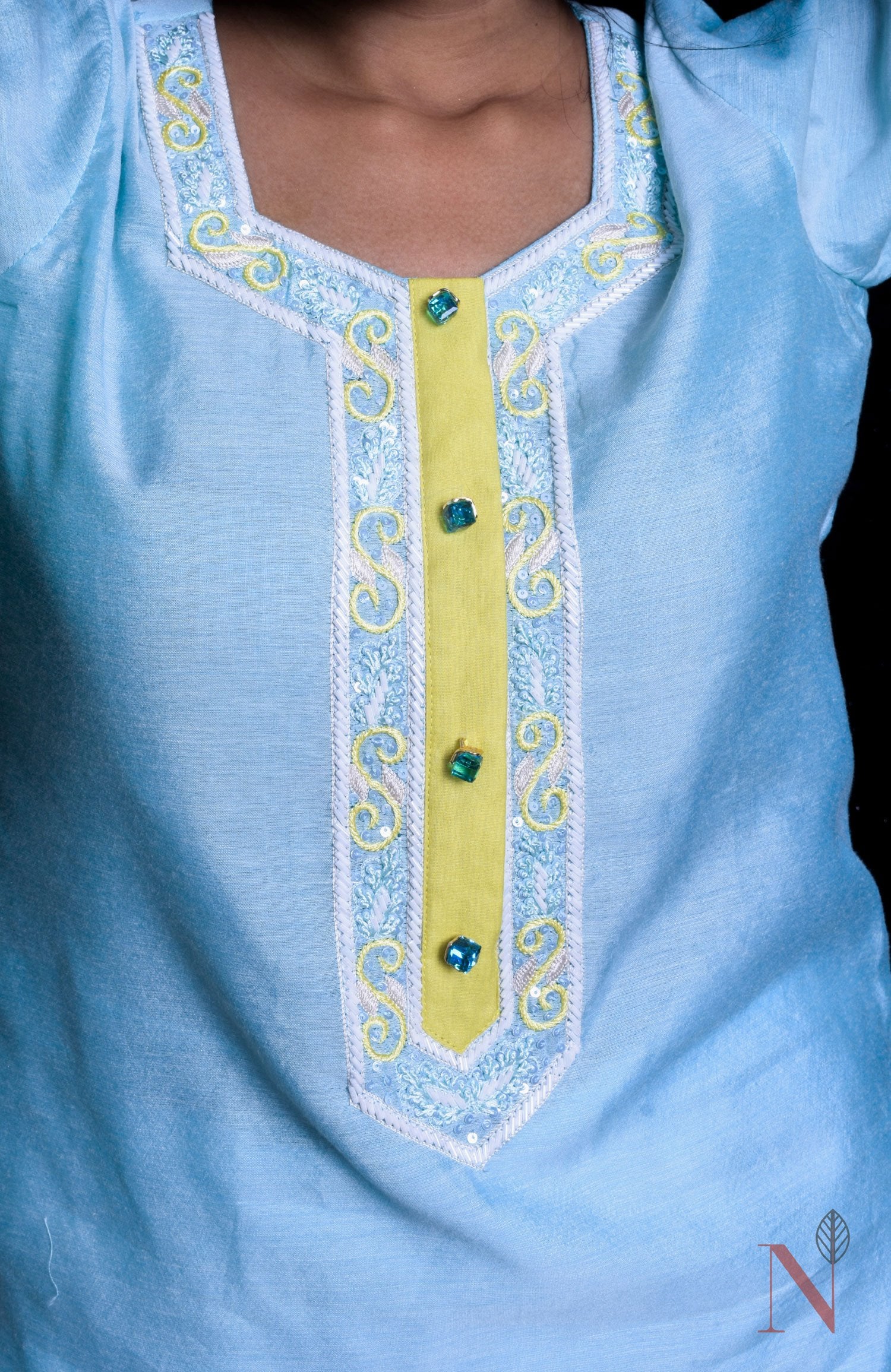 Blue And Yellow Color Teared Garara Chanderi Silk Set - Icey Summer - Naksheband