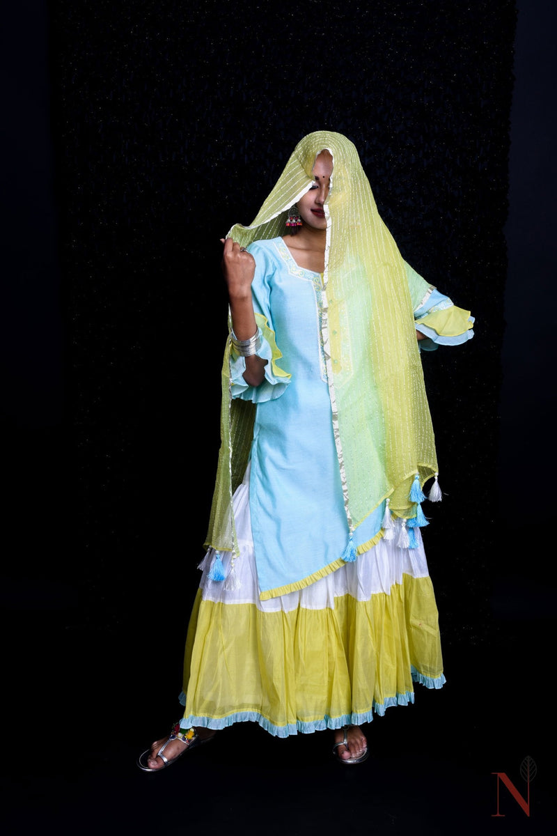 Blue And Yellow Color Teared Garara Chanderi Silk Set - Icey Summer - Naksheband