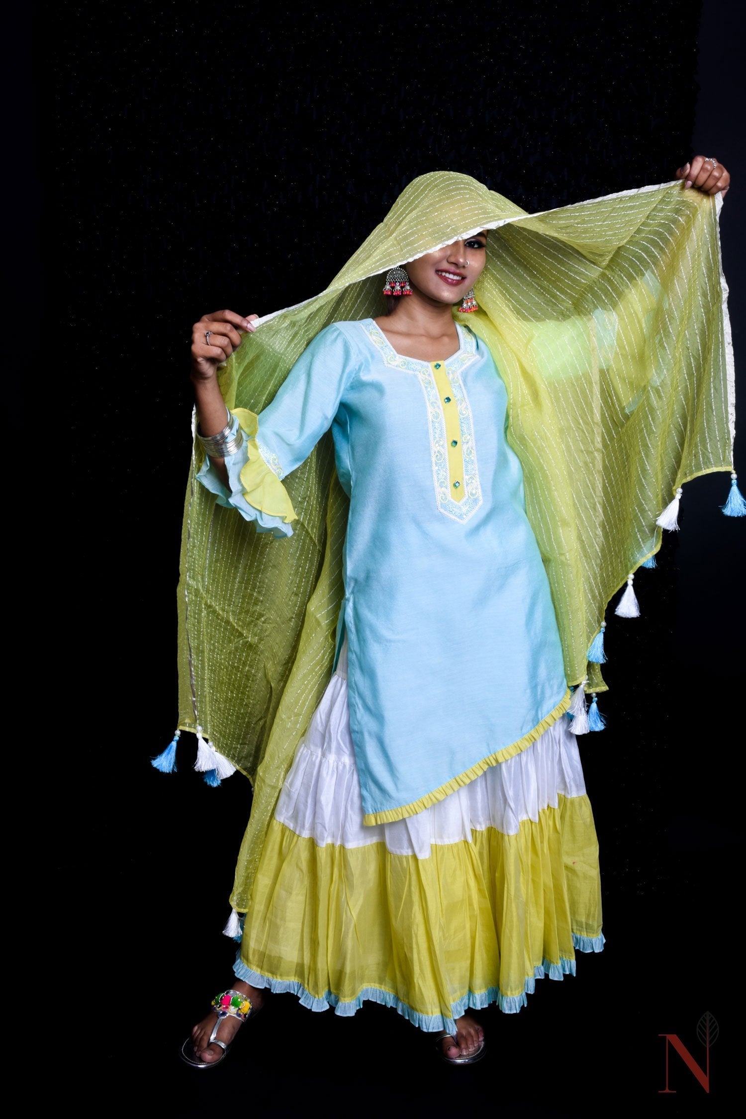 Blue And Yellow Color Teared Garara Chanderi Silk Set - Icey Summer - Naksheband