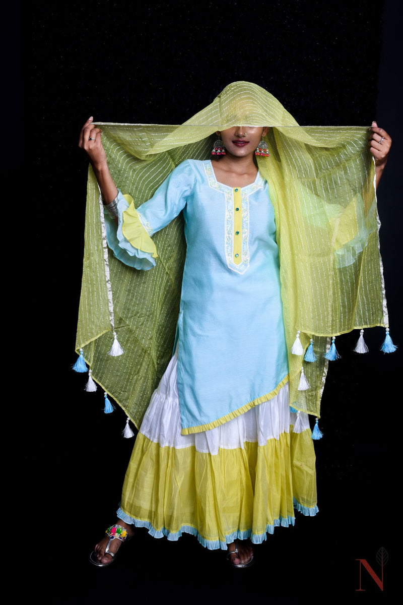 Blue And Yellow Color Teared Garara Chanderi Silk Set - Icey Summer - Naksheband