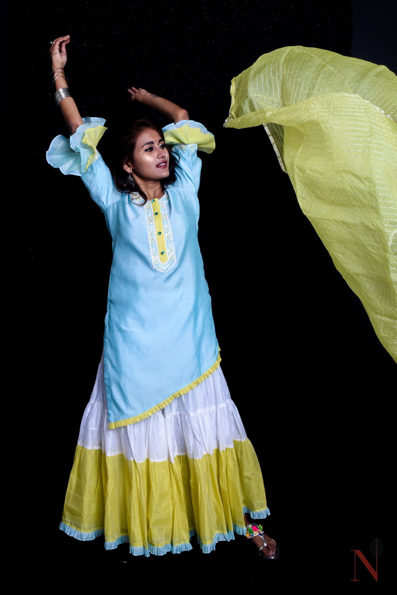 Blue And Yellow Color Teared Garara Chanderi Silk Set - Icey Summer - Naksheband