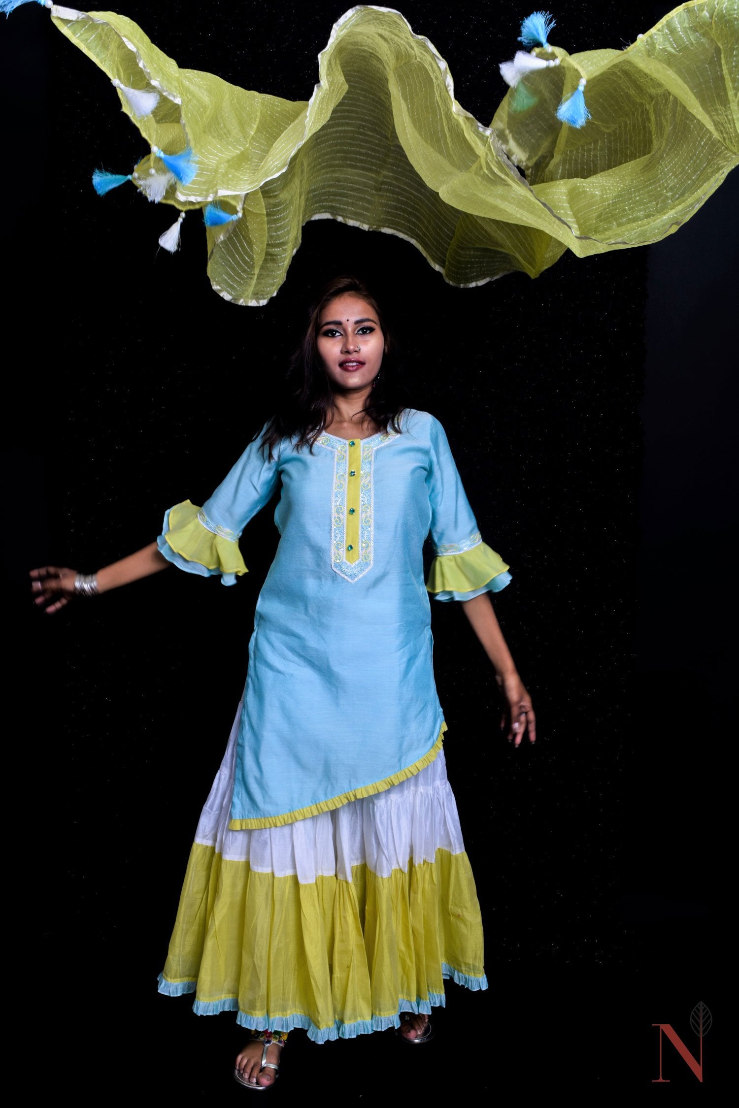 Blue And Yellow Color Teared Garara Chanderi Silk Set - Icey Summer - Naksheband
