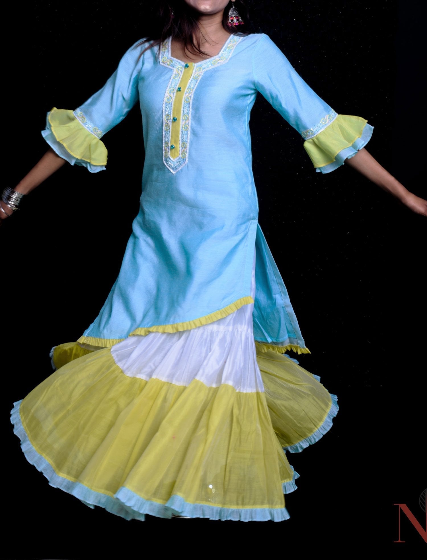 Blue And Yellow Color Teared Garara Chanderi Silk Set - Icey Summer - Naksheband