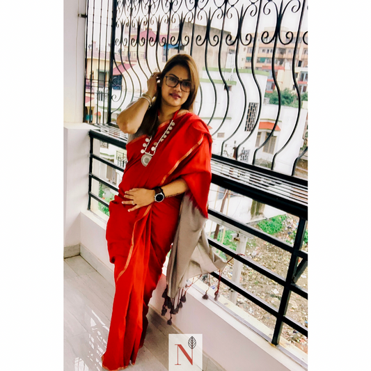 Off Grey & Maroon Pure Muga Saree - Naksheband