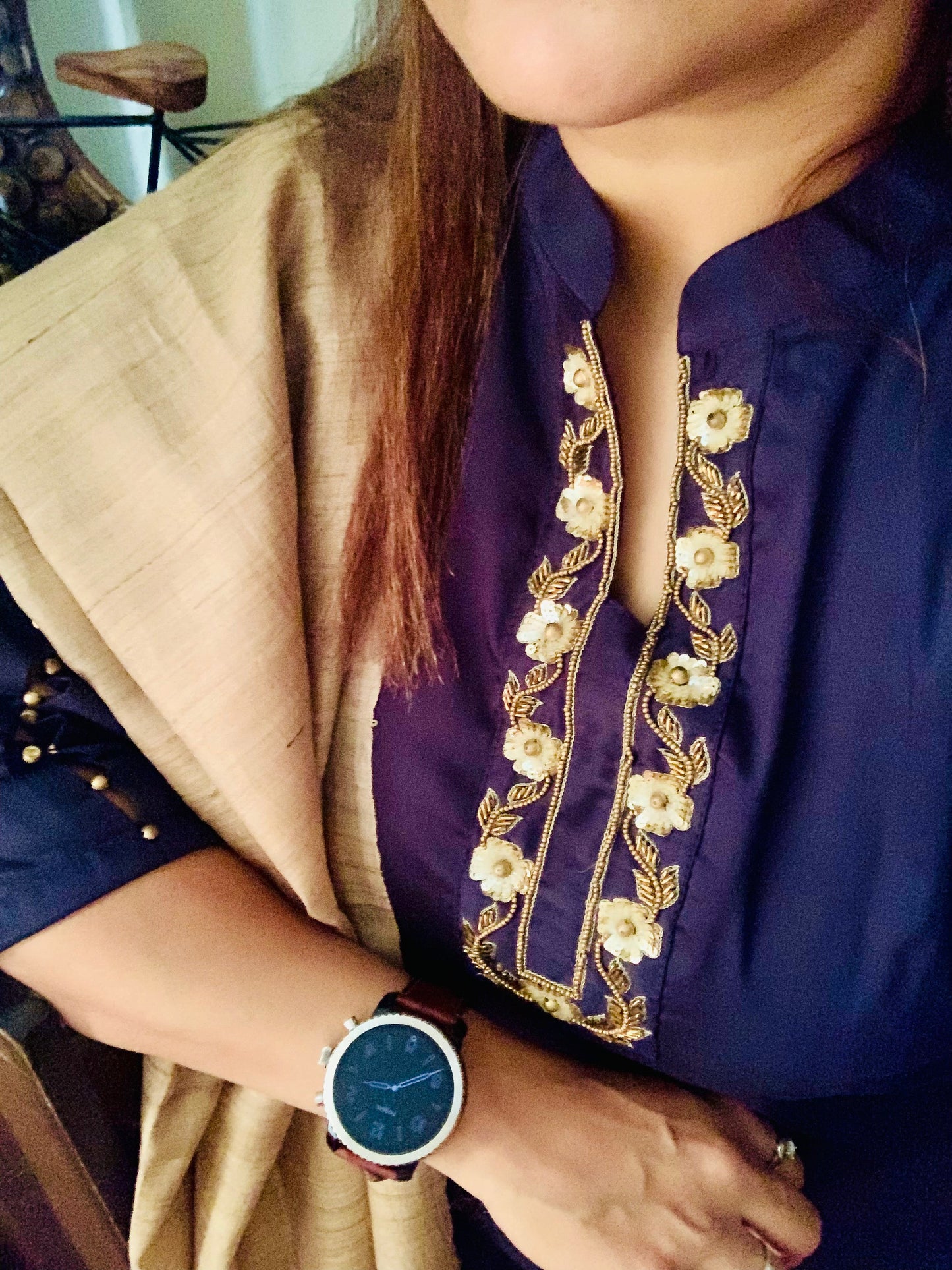 Navy Blue Pure Silk Chanderi Hand Embroidered Suit Set - Naksheband