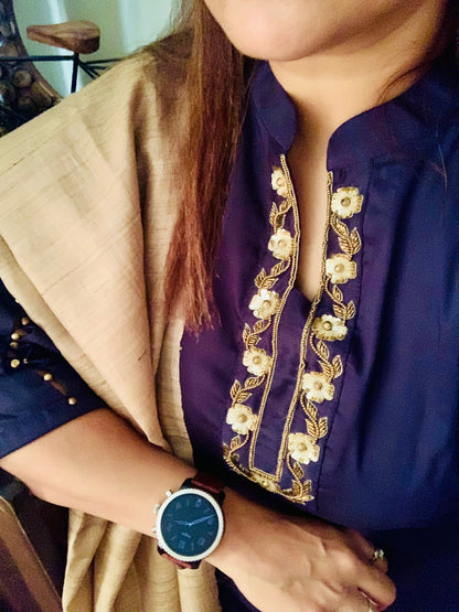 Navy Blue Pure Silk Chanderi Hand Embroidered Suit Set - Naksheband