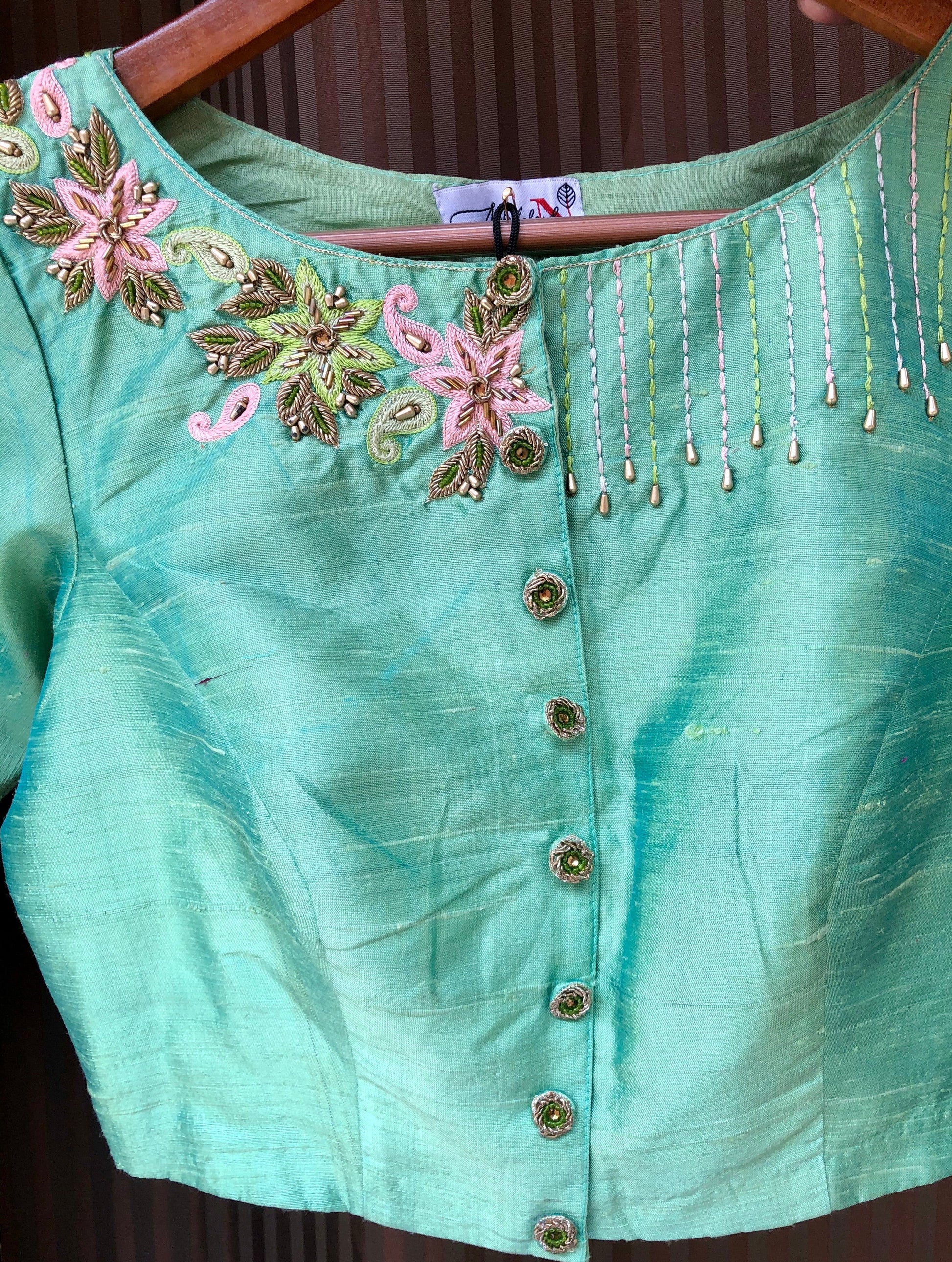 Pista Green Color Pure Silk Embroidered Designer blouse - Pistachio - Naksheband