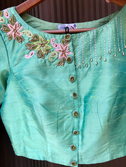 Pista Green Color Pure Silk Embroidered Designer blouse - Pistachio - Naksheband