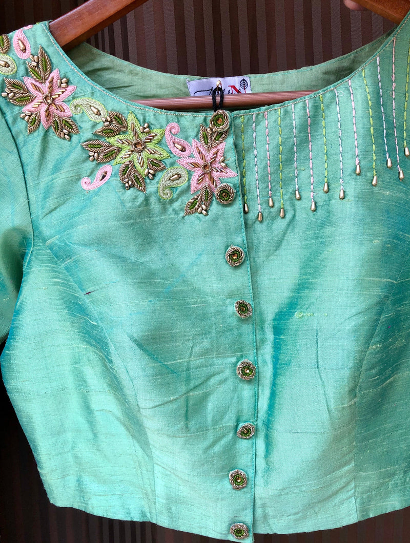 Pista Green Color Pure Silk Embroidered Designer blouse - Pistachio