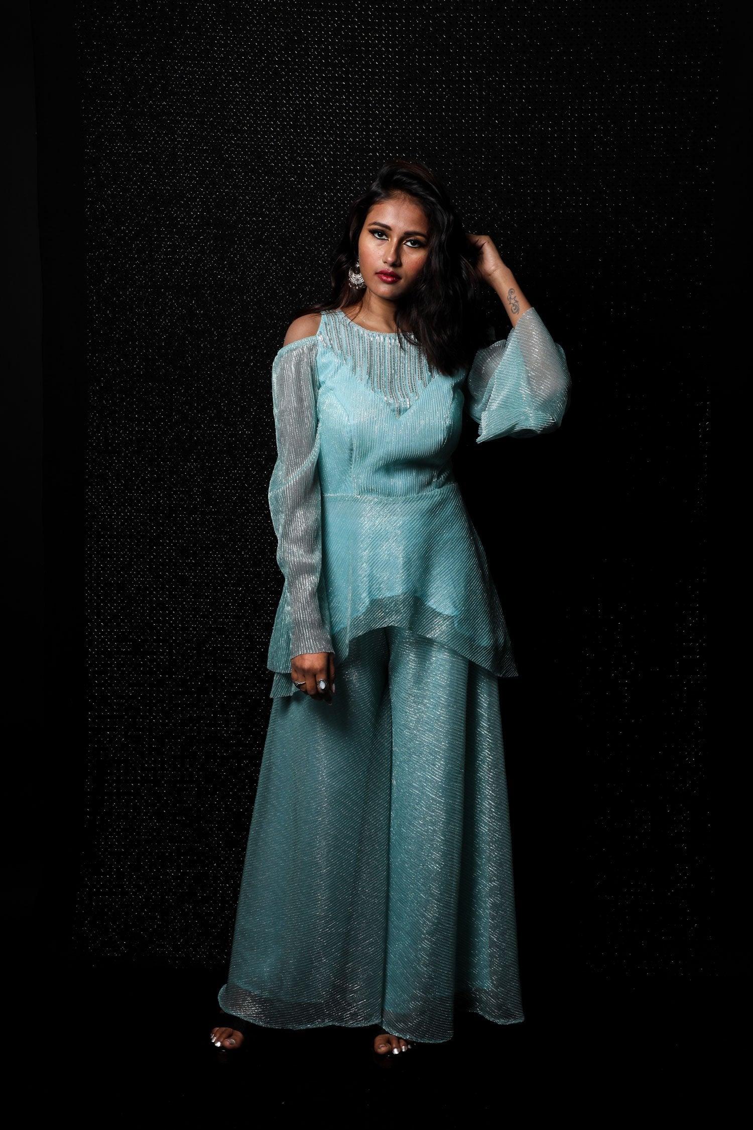 Indowestern Designer Sharara Peplum - Lagoon - Naksheband