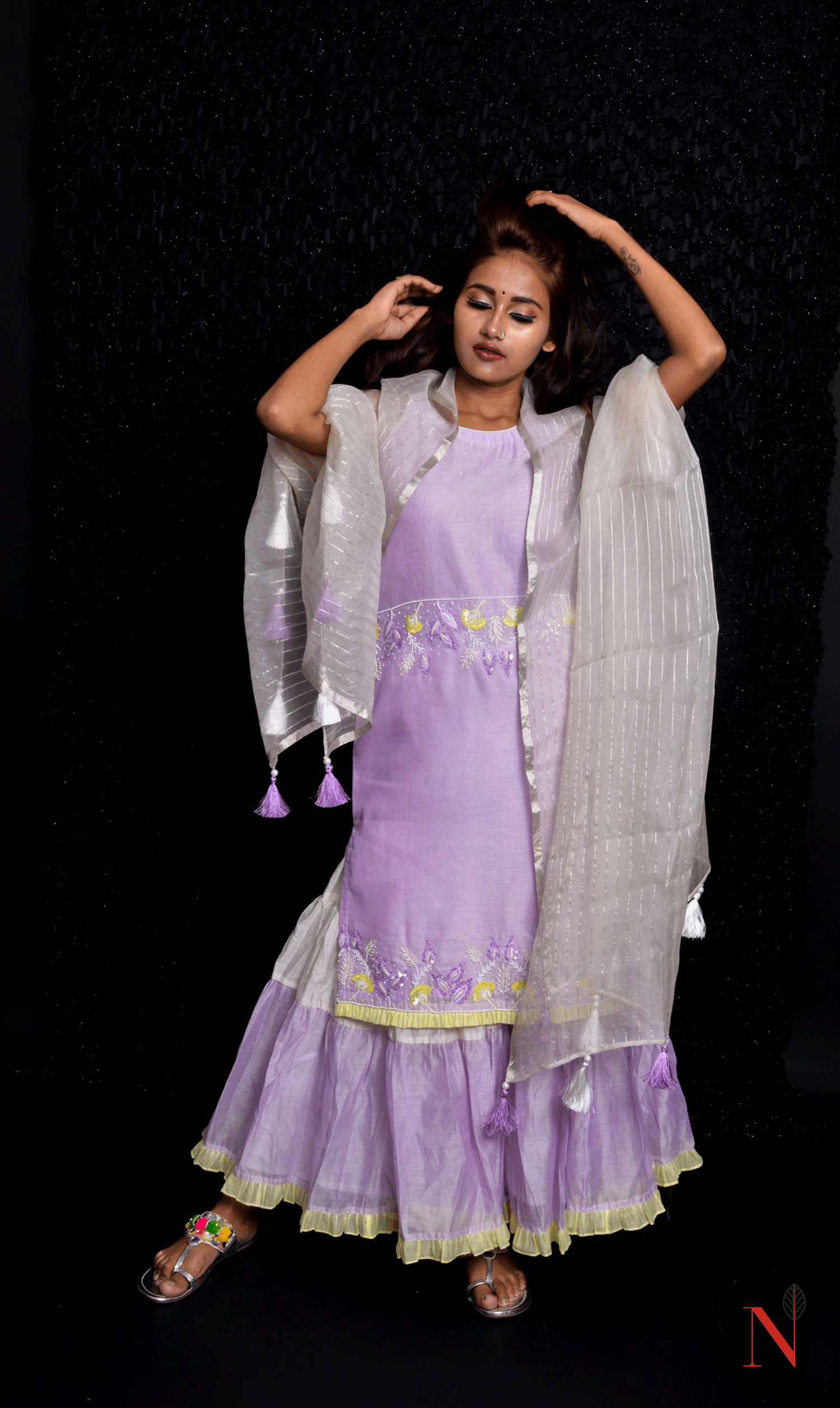 Lavender Color Teared Garara Silk Chanderi Set- Lavender Blush - Naksheband