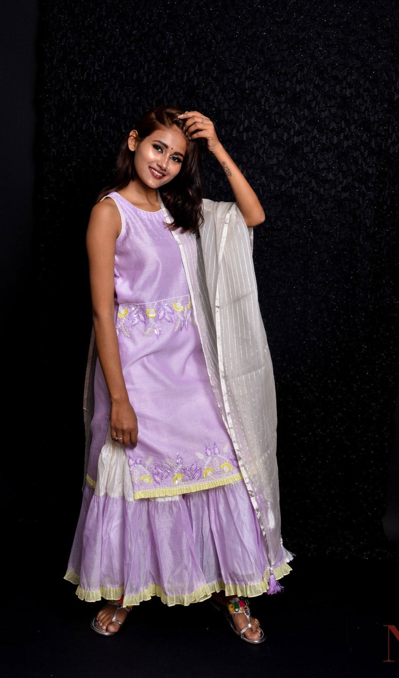 Lavender Color Teared Garara Silk Chanderi Set- Lavender Blush - Naksheband