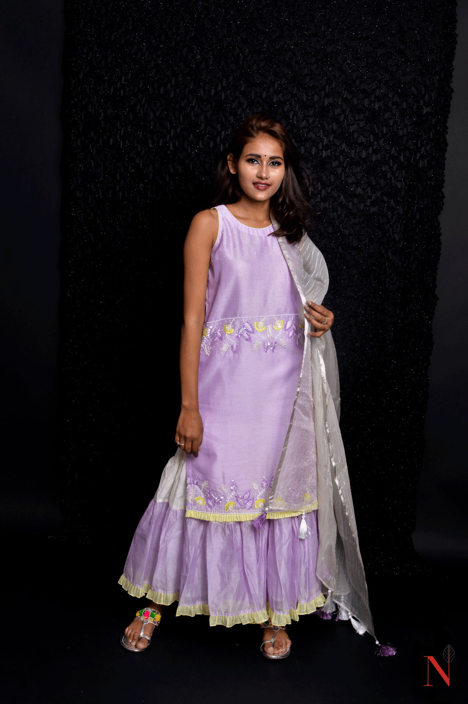 Lavender Color Teared Garara Silk Chanderi Set- Lavender Blush - Naksheband
