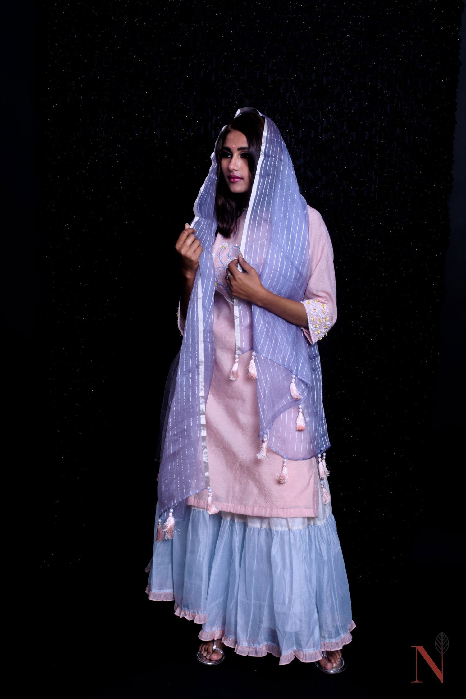 Pink And Blue Color Teared Garara Chanderi Silk Set - Loyalist - Naksheband