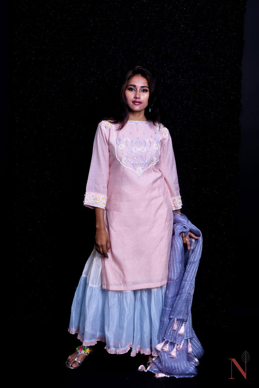 Pink And Blue Color Teared Garara Chanderi Silk Set - Loyalist - Naksheband