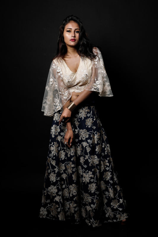 Persian Blue And Cream Color Indowestern Designer Skirt Set - Nightfall - Naksheband