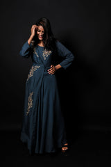 Dark Lead Grey Color  Indowestern Designer Gown Dress - New Taupe - Naksheband