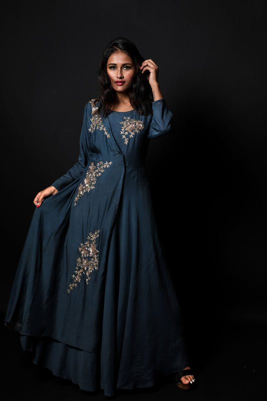 Dark Lead Grey Color  Indowestern Designer Gown Dress - New Taupe - Naksheband