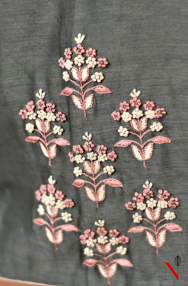 Grey Pure Silk Chanderi Hand Embroidered Designer Blouse