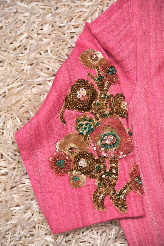 Pink Color Raw Silk Designer Embroidery Blouse - Luscious Pink - Naksheband